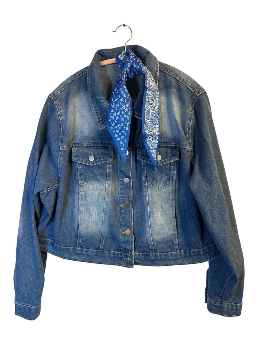 Trendy boutique Blue Denim Jean Jacket with Blue Bandana Detail